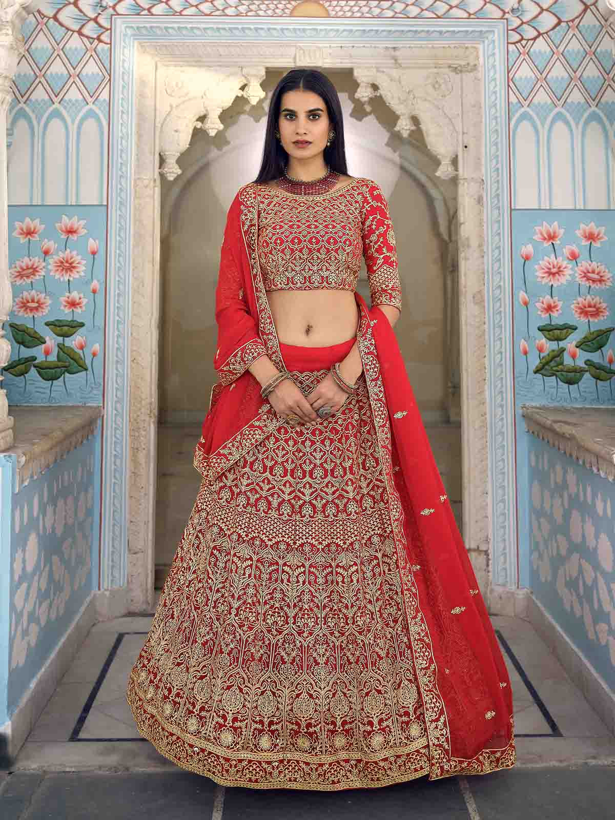 Odette Women Beautiful Red Semi Stitched Lehenga With Unstitched Blouse
