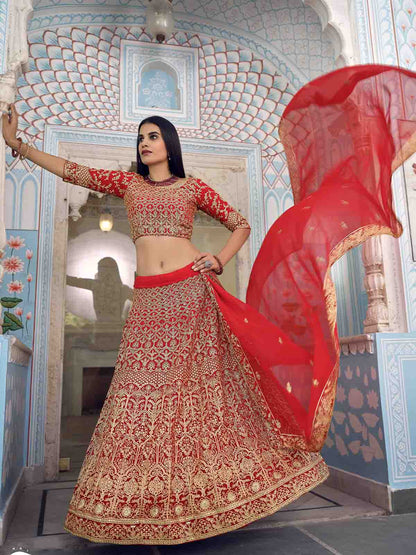 Odette Women Beautiful Red Semi Stitched Lehenga With Unstitched Blouse