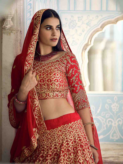 Odette Women Beautiful Red Semi Stitched Lehenga With Unstitched Blouse