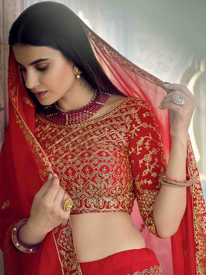 Odette Women Beautiful Red Semi Stitched Lehenga With Unstitched Blouse