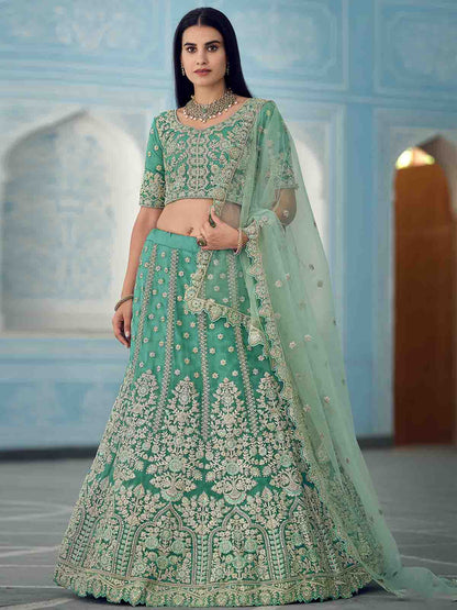 Odette Women Green Sequins Sassy Semi Stitched Lehenga With Unstitched Blouse