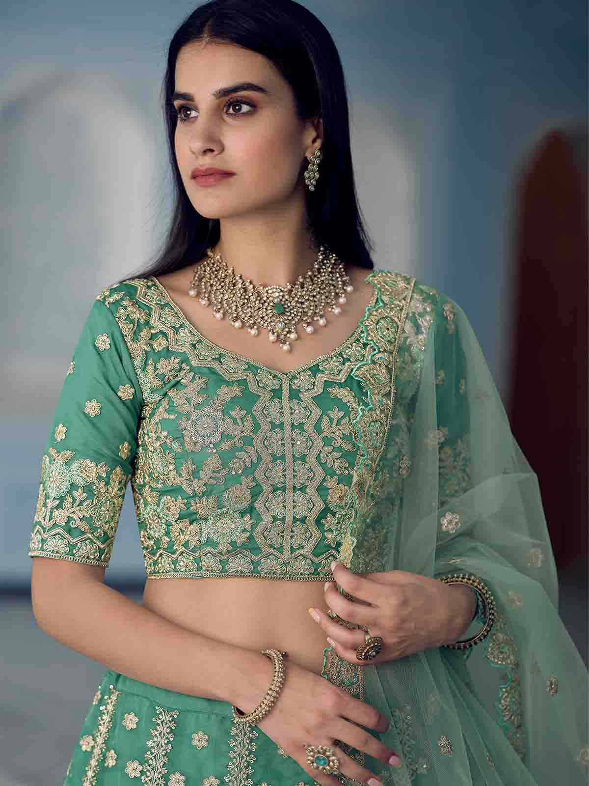 Odette Women Green Sequins Sassy Semi Stitched Lehenga With Unstitched Blouse