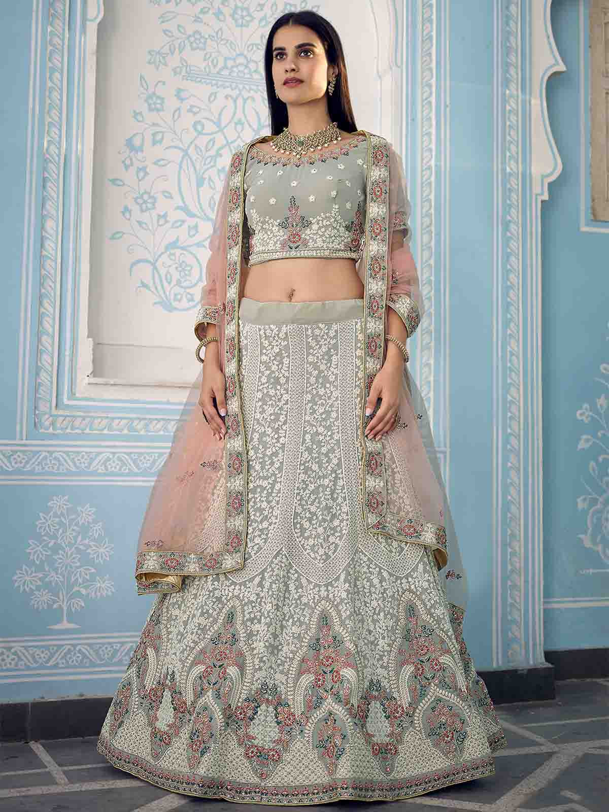 Odette Women Grey Designer Semi Stitched Lehenga With Unstitched Blouse