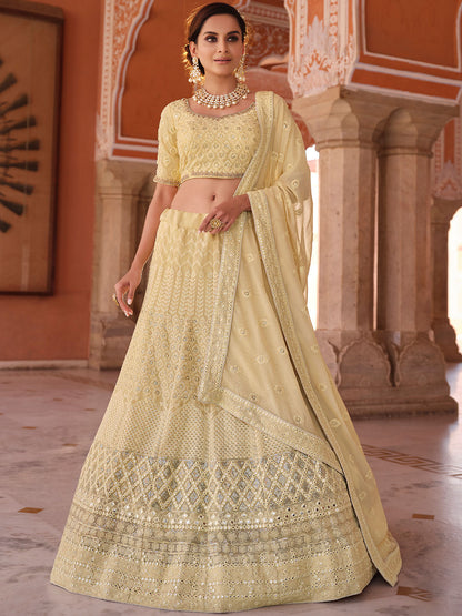 Odette Cream Embroidered Georgette Semi Stitched Lehenga With Blouse For Women