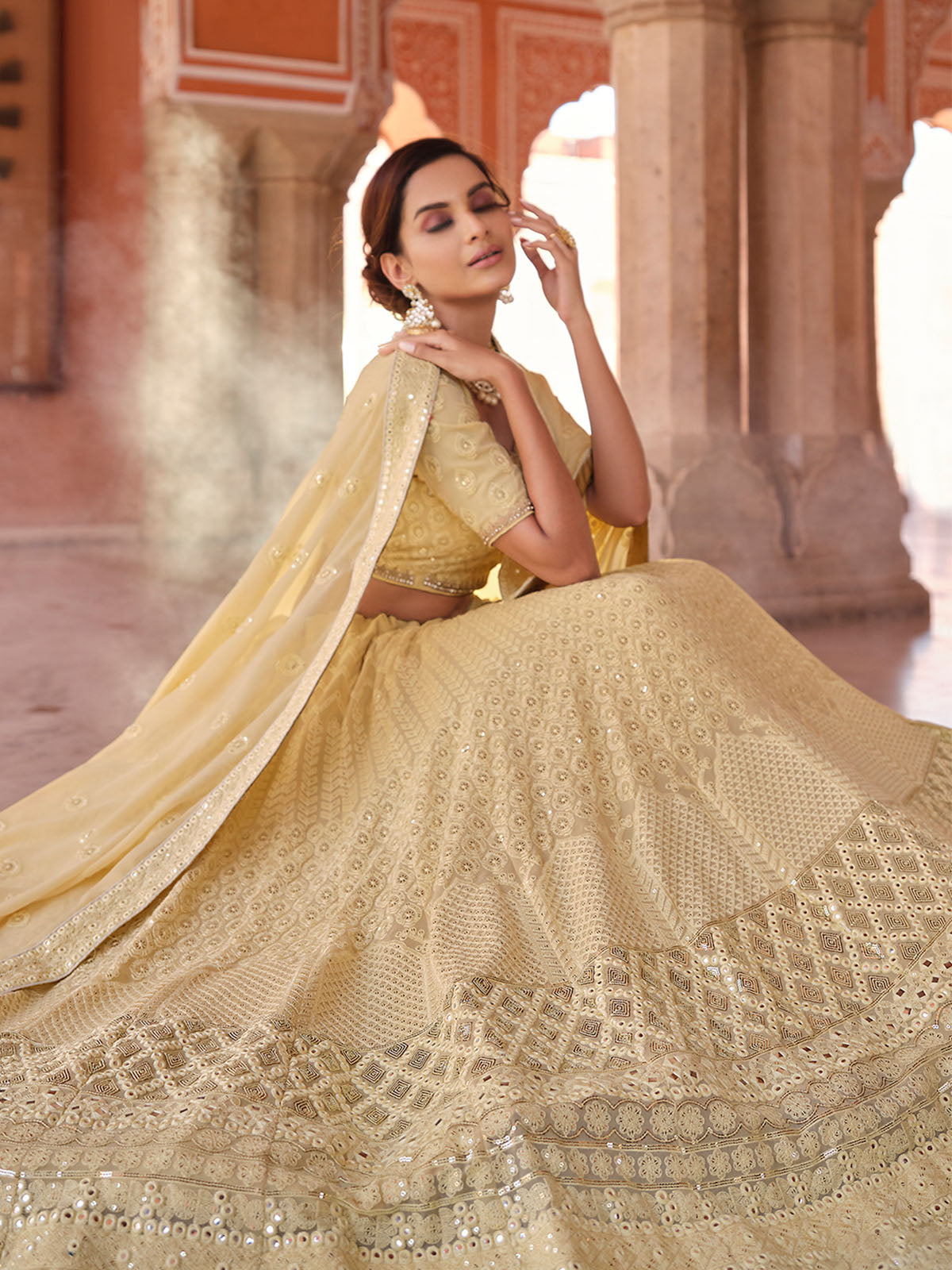 Odette Cream Embroidered Georgette Semi Stitched Lehenga With Blouse For Women