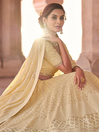 Odette Cream Embroidered Georgette Semi Stitched Lehenga With Blouse For Women