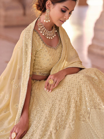 Odette Cream Embroidered Georgette Semi Stitched Lehenga With Blouse For Women