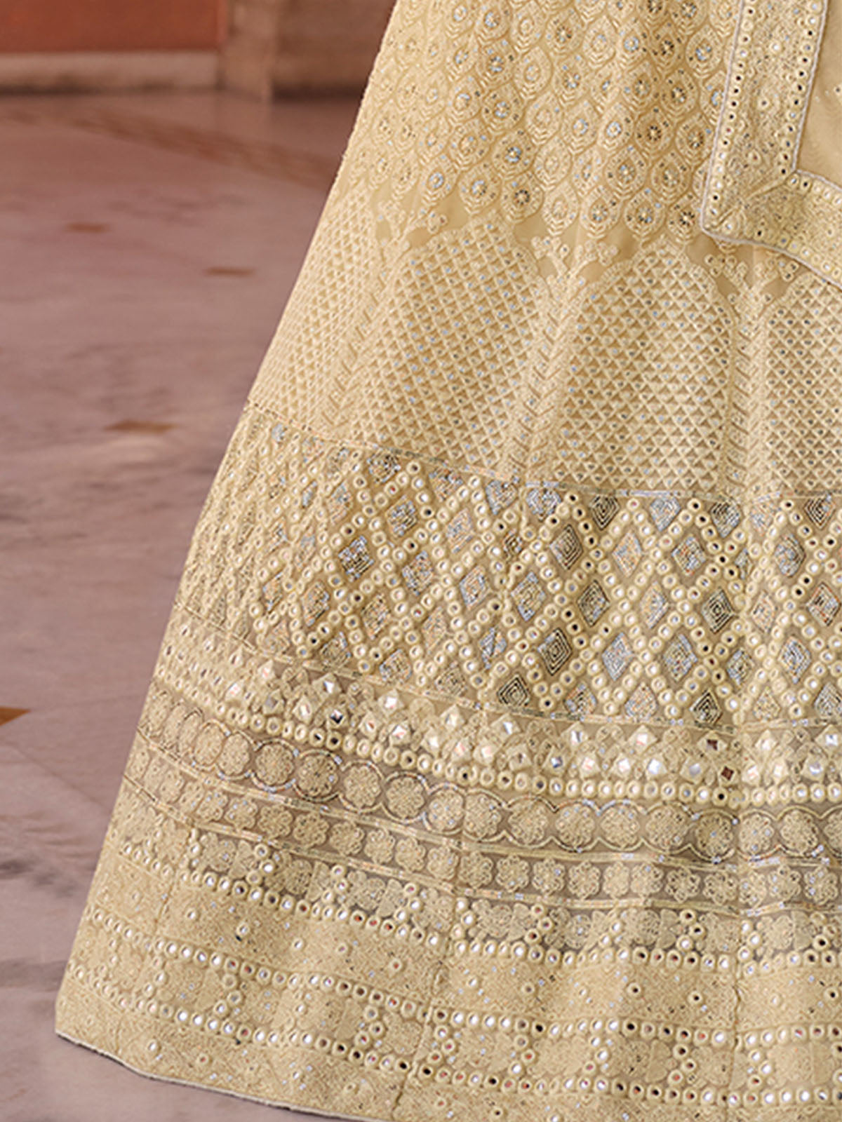 Odette Cream Embroidered Georgette Semi Stitched Lehenga With Blouse For Women