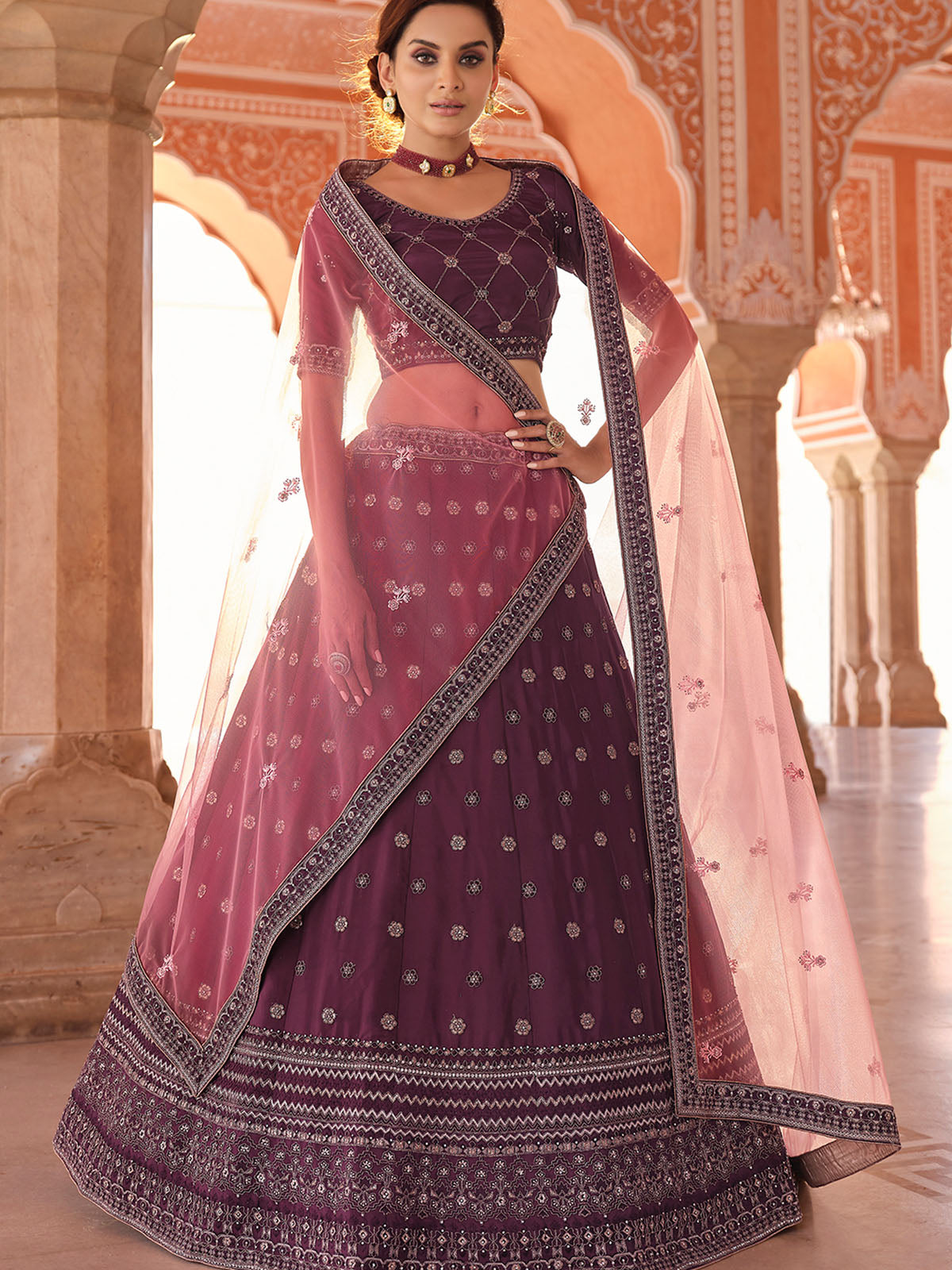 Odette Purple Embroidered Crepe Semi Stitched Lehenga With Blouse For Women