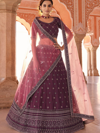 Odette Purple Embroidered Crepe Semi Stitched Lehenga With Blouse For Women