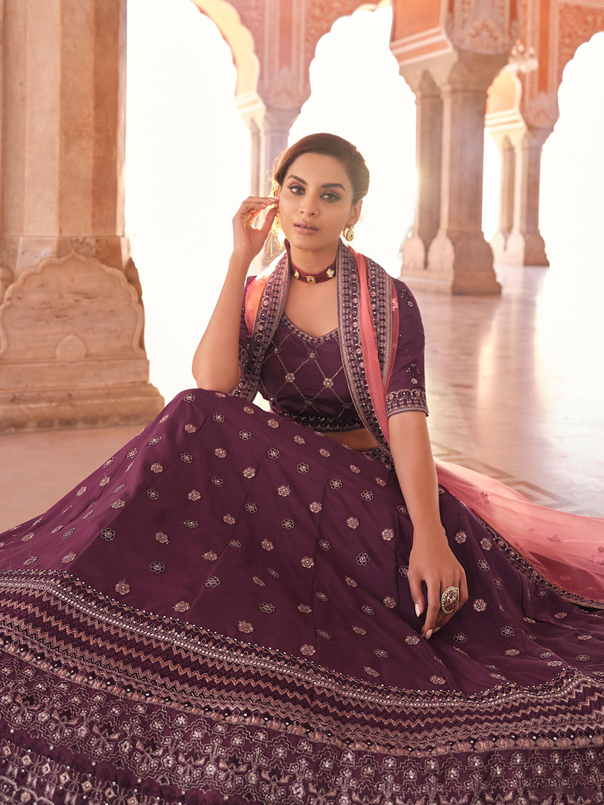 Odette Purple Embroidered Crepe Semi Stitched Lehenga With Blouse For Women