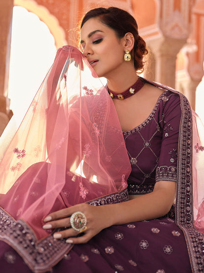 Odette Purple Embroidered Crepe Semi Stitched Lehenga With Blouse For Women