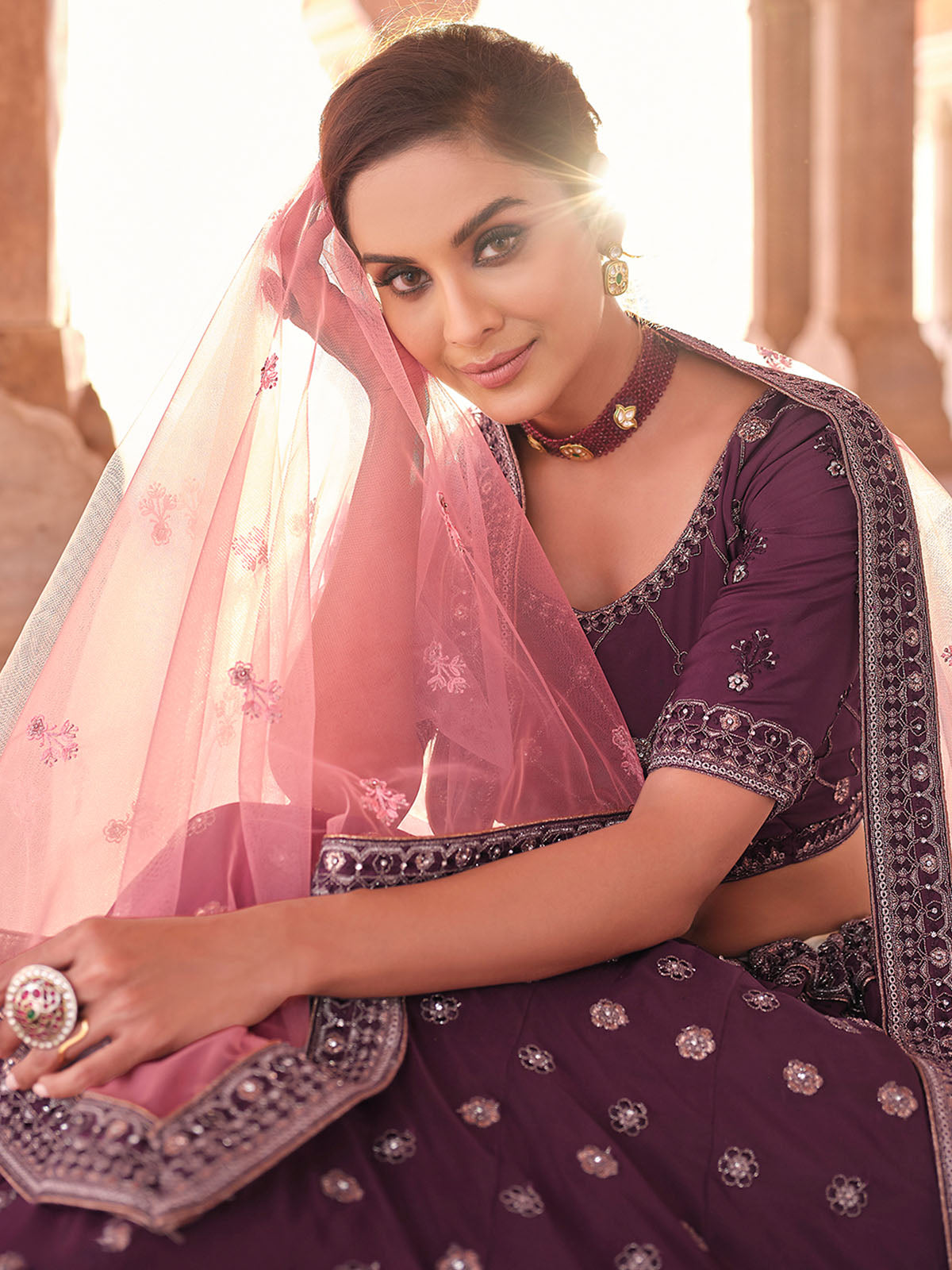 Odette Purple Embroidered Crepe Semi Stitched Lehenga With Blouse For Women