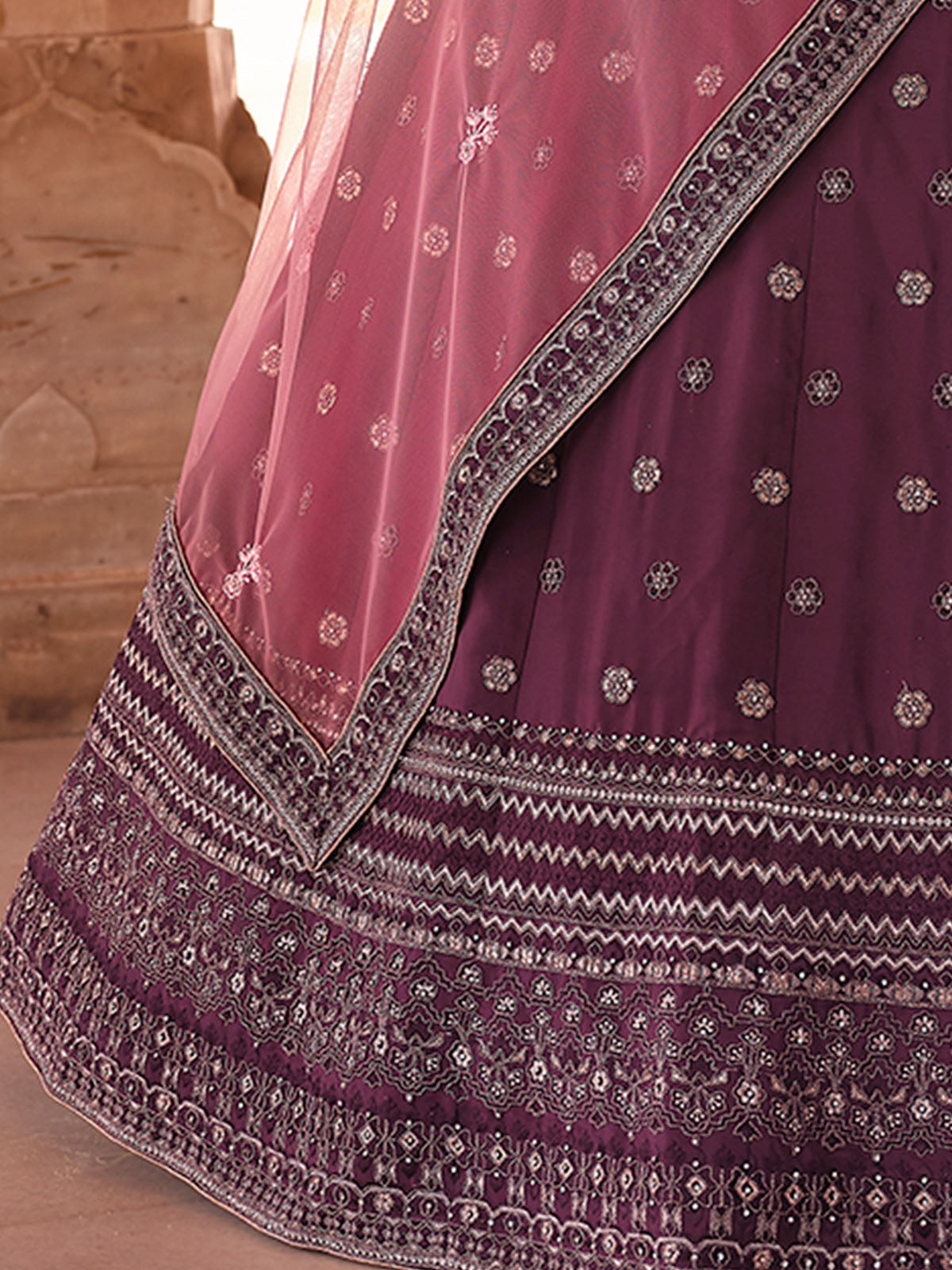Odette Purple Embroidered Crepe Semi Stitched Lehenga With Blouse For Women