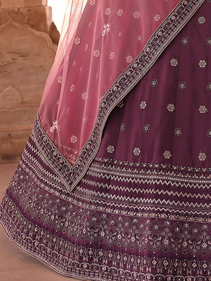 Odette Purple Embroidered Crepe Semi Stitched Lehenga With Blouse For Women