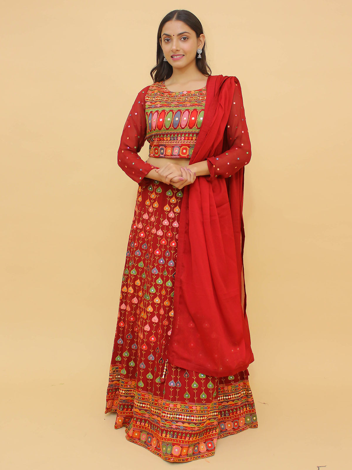 Odette Red Embroidered Georgette Stitched Lehenga With Blouse For Women