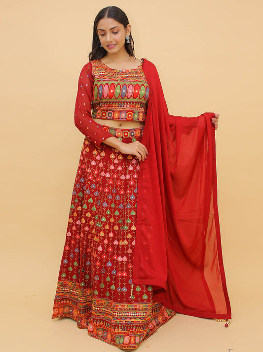 Odette Red Embroidered Georgette Stitched Lehenga With Blouse For Women