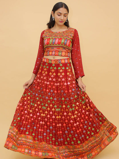 Odette Red Embroidered Georgette Stitched Lehenga With Blouse For Women