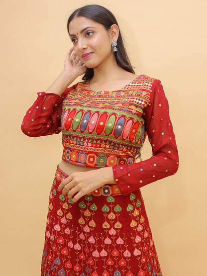 Odette Red Embroidered Georgette Stitched Lehenga With Blouse For Women