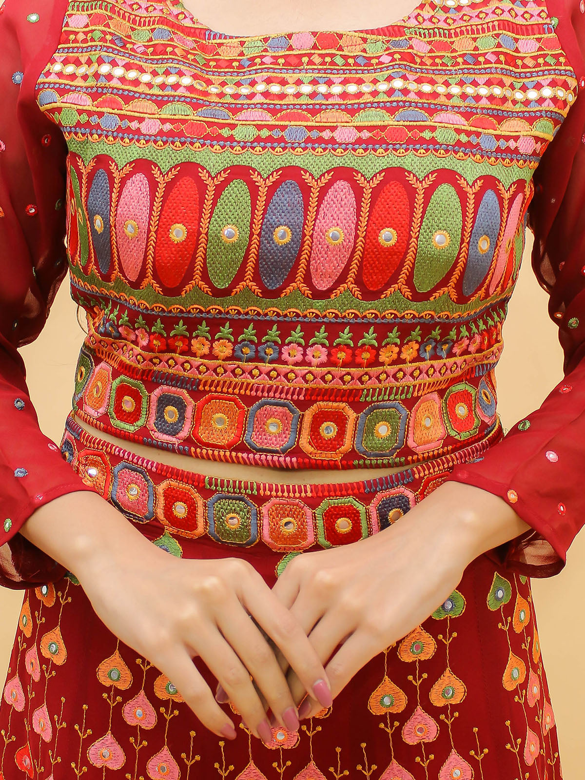 Odette Red Embroidered Georgette Stitched Lehenga With Blouse For Women