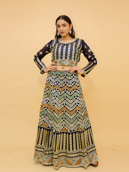 Odette Navy Blue Embroidered Georgette Stitched Lehenga With Blouse For Women