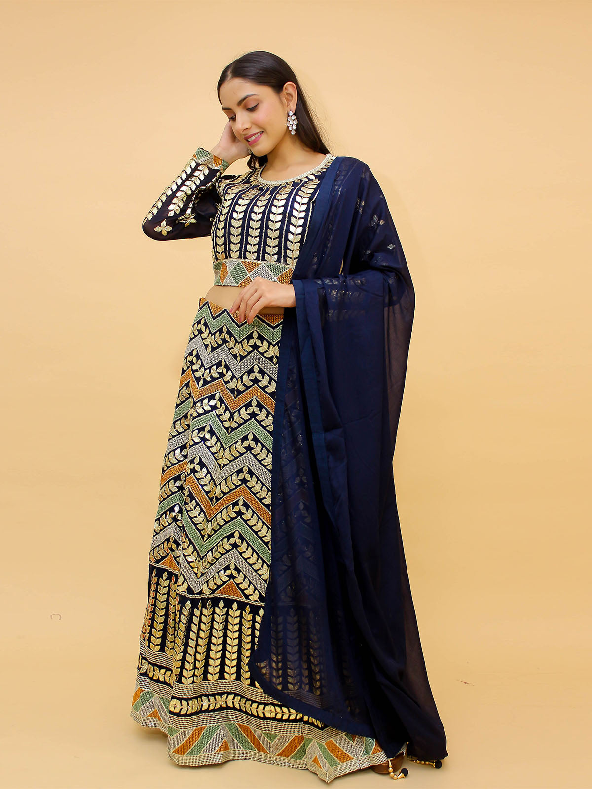 Odette Navy Blue Embroidered Georgette Stitched Lehenga With Blouse For Women