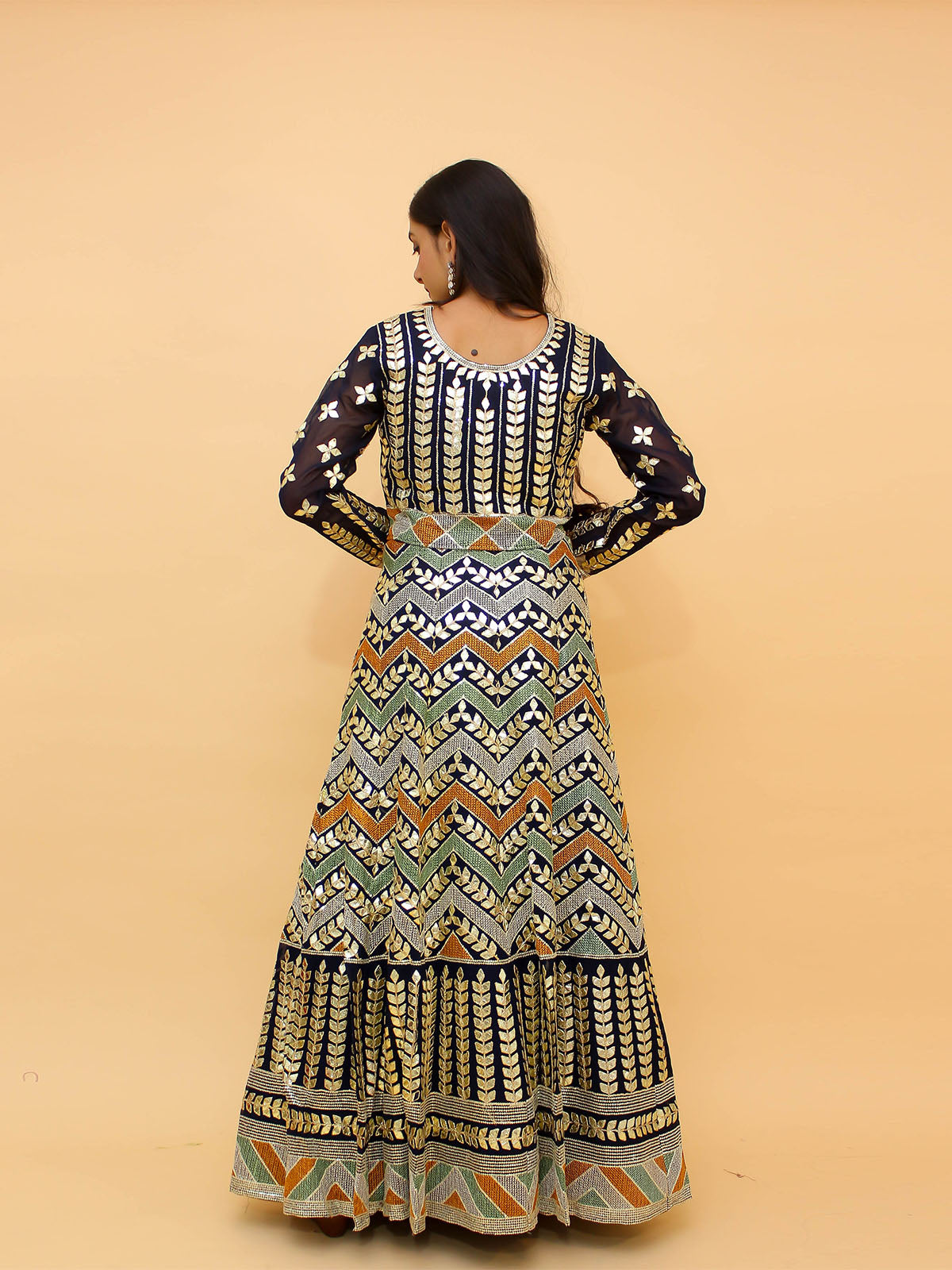 Odette Navy Blue Embroidered Georgette Stitched Lehenga With Blouse For Women