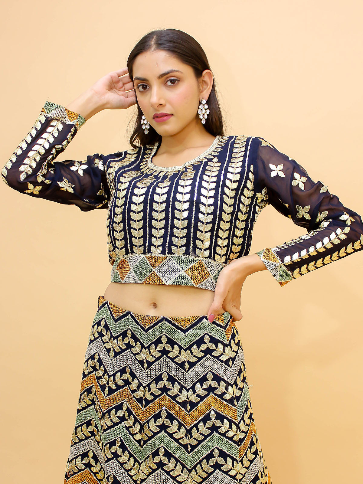 Odette Navy Blue Embroidered Georgette Stitched Lehenga With Blouse For Women