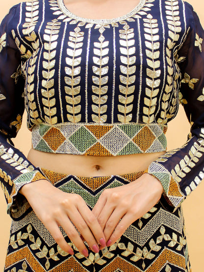 Odette Navy Blue Embroidered Georgette Stitched Lehenga With Blouse For Women