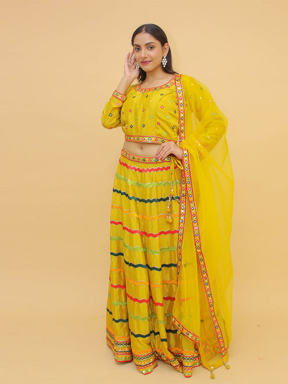 Odette Yellow Embroidered Chinon Stitched Lehenga With Blouse For Women