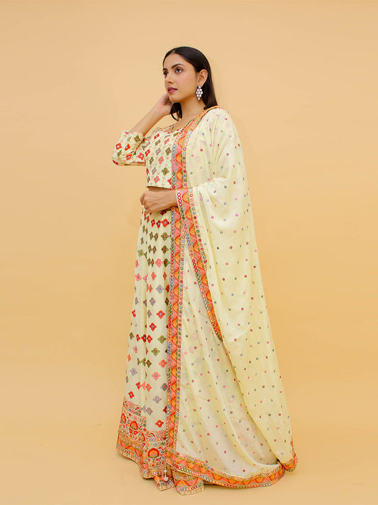 Odette Off White Embroidered Chinon Stitched Lehenga With Blouse For Women