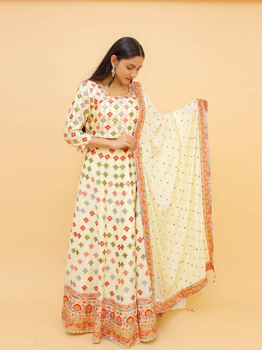 Odette Off White Embroidered Chinon Stitched Lehenga With Blouse For Women