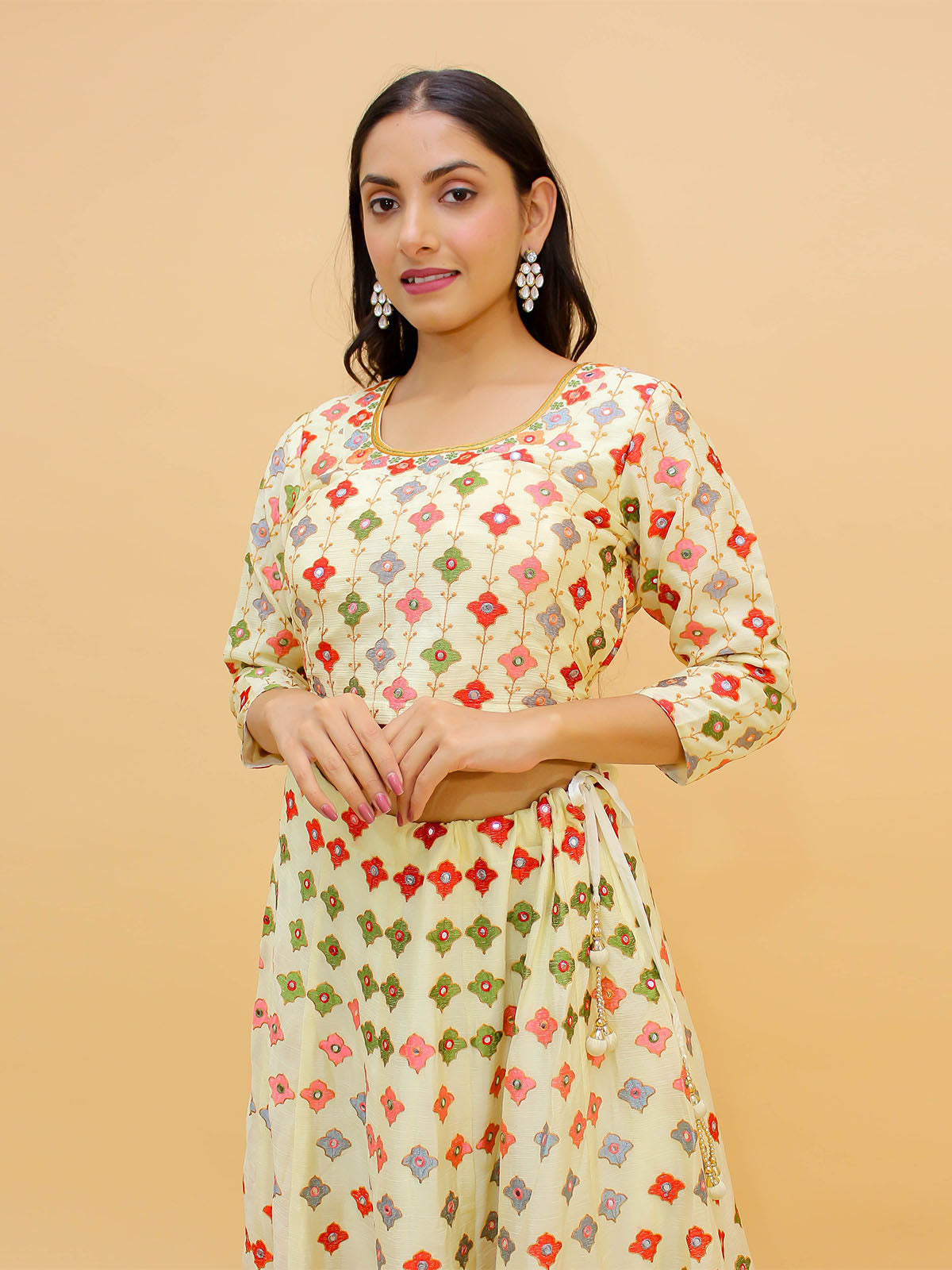 Odette Off White Embroidered Chinon Stitched Lehenga With Blouse For Women