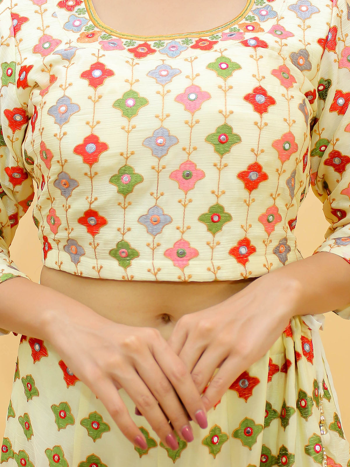 Odette Off White Embroidered Chinon Stitched Lehenga With Blouse For Women