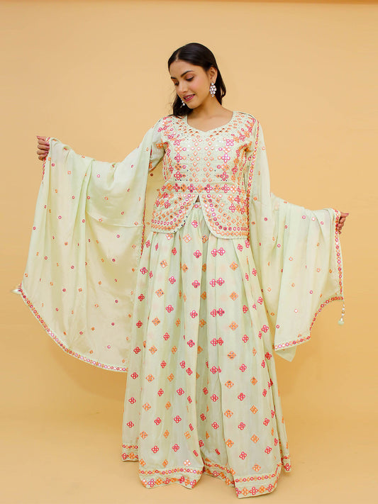 Odette Off White Embroidered Chinon Stitched Lehenga With Blouse For Women