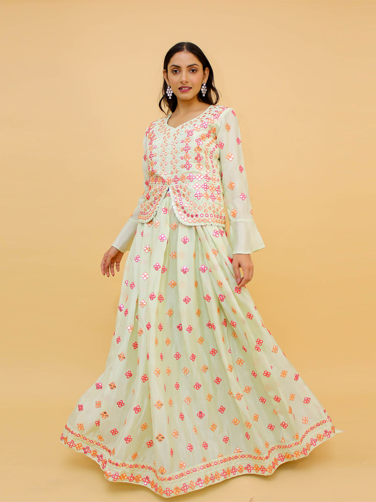 Odette Off White Embroidered Chinon Stitched Lehenga With Blouse For Women