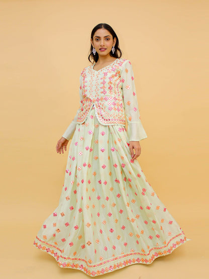 Odette Off White Embroidered Chinon Stitched Lehenga With Blouse For Women