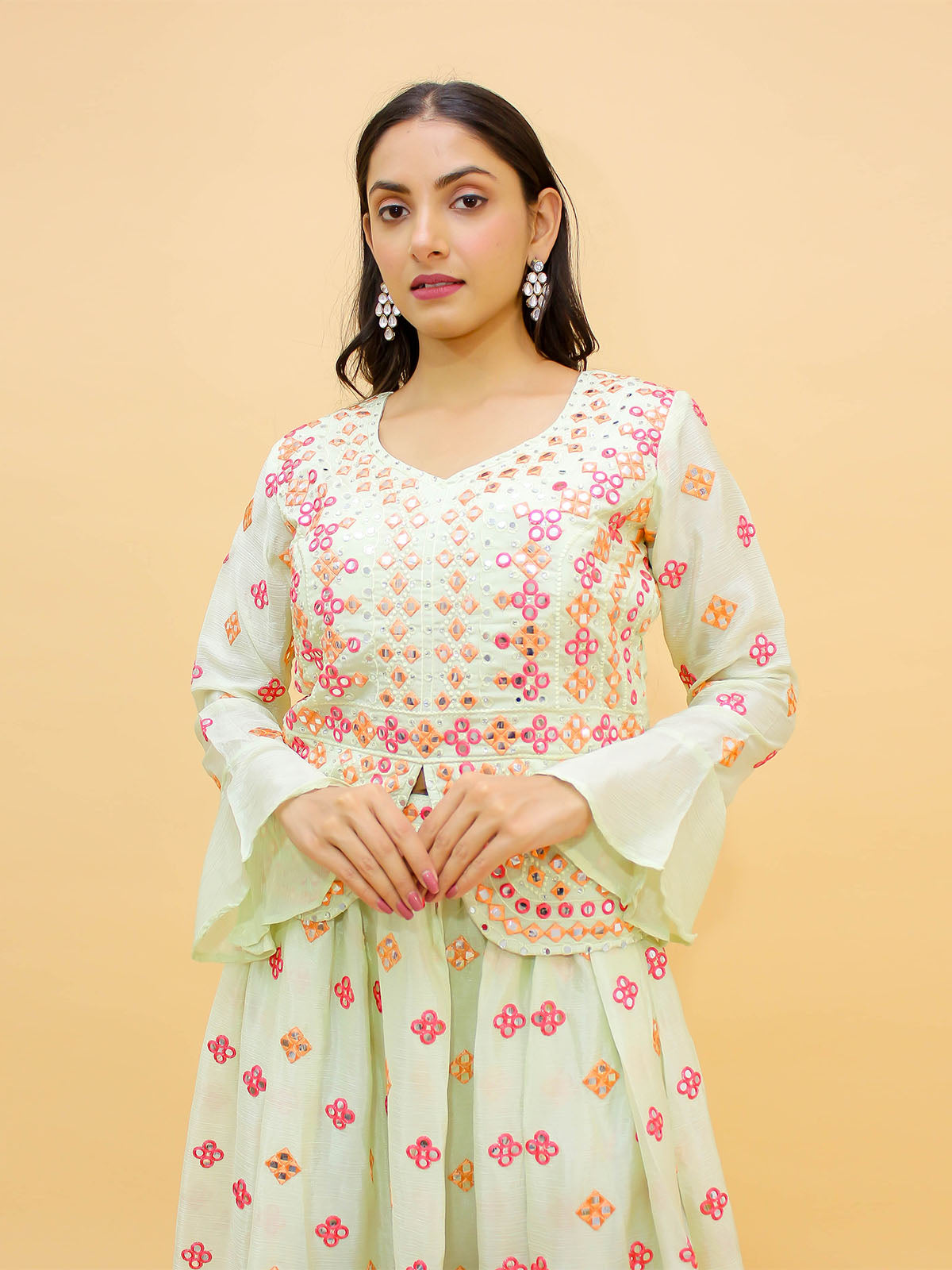 Odette Off White Embroidered Chinon Stitched Lehenga With Blouse For Women