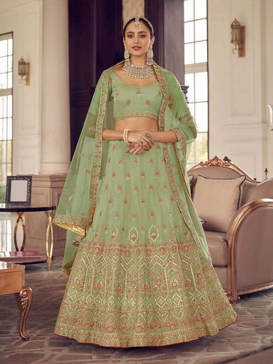 Odette Women Green Organza Semi Stitched Lehenga With Unstitched Blouse
