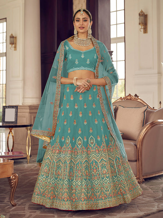 Odette Women Light Blue Embroidered Organza Semi Stitched Lehenga With Unstitched Blouse
