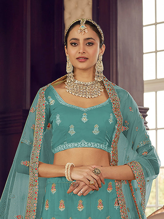 Odette Women Light Blue Embroidered Organza Semi Stitched Lehenga With Unstitched Blouse