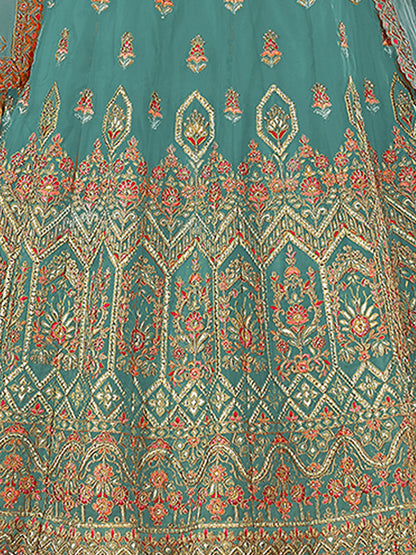 Odette Women Light Blue Embroidered Organza Semi Stitched Lehenga With Unstitched Blouse