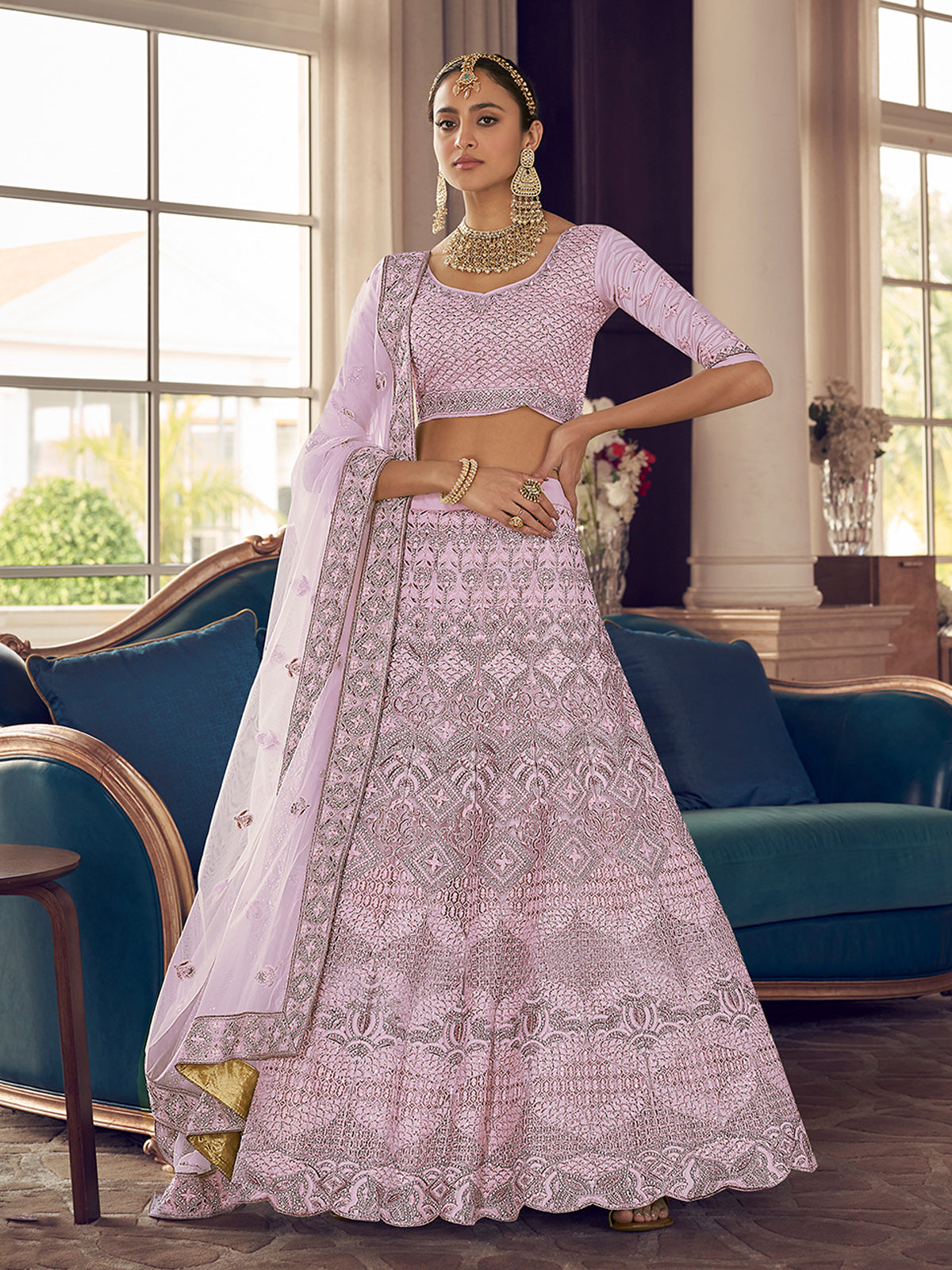 Odette Women Pink Embroidered Crepe Semi Stitched Lehenga With Unstitched Blouse