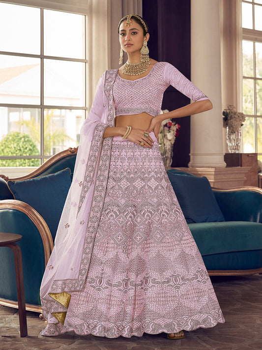 Odette Women Pink Embroidered Crepe Semi Stitched Lehenga With Unstitched Blouse