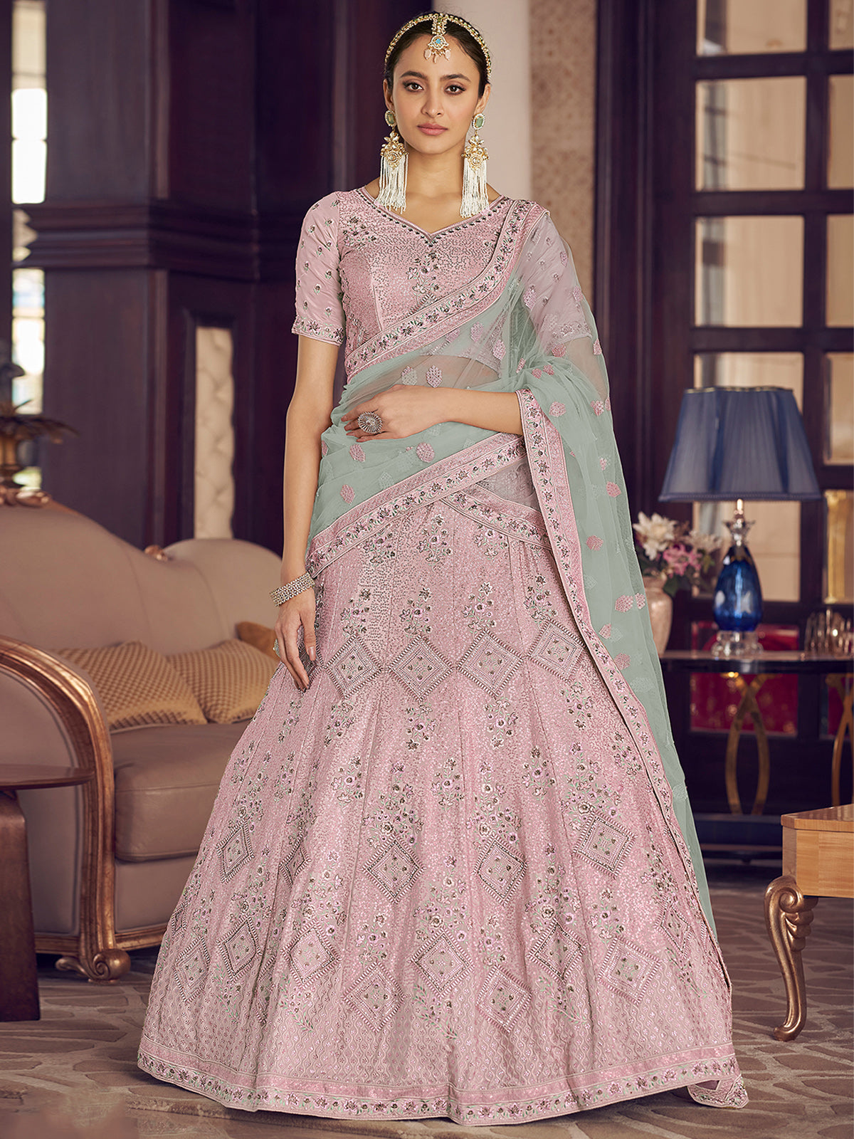 Odette Women Pink Embroidered Semi Stitched Lehenga With Unstitched Blouse