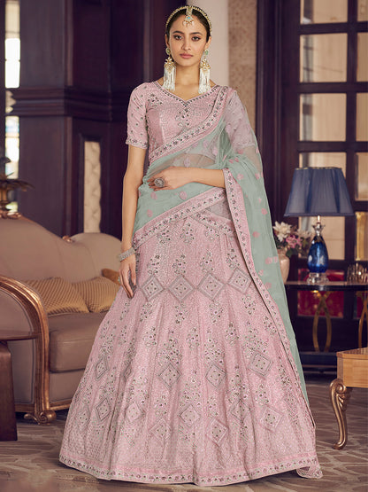 Odette Women Pink Embroidered Semi Stitched Lehenga With Unstitched Blouse