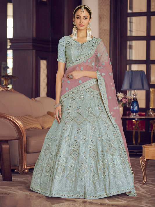 Odette Women Light Blue Embroidered Crepe Semi Stitched Lehenga With Unstitched Blouse