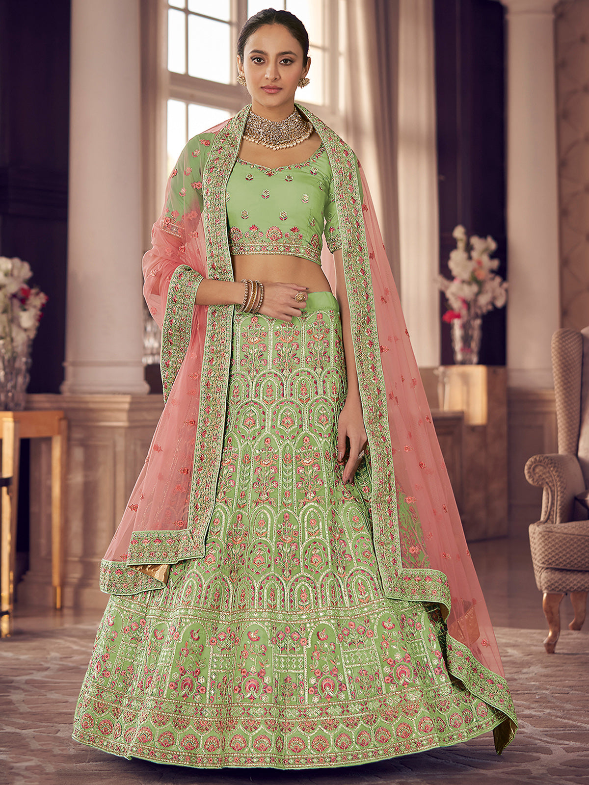 Odette Women Green Embroidered Organza Semi Stitched Lehenga With Unstitched Blouse