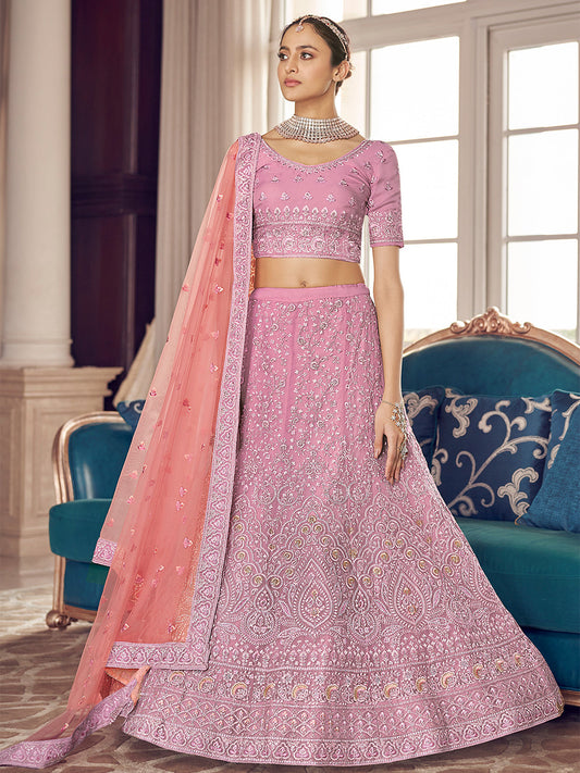 Odette Women Pink Embroidered Organza Semi Stitched Lehenga With Unstitched Blouse