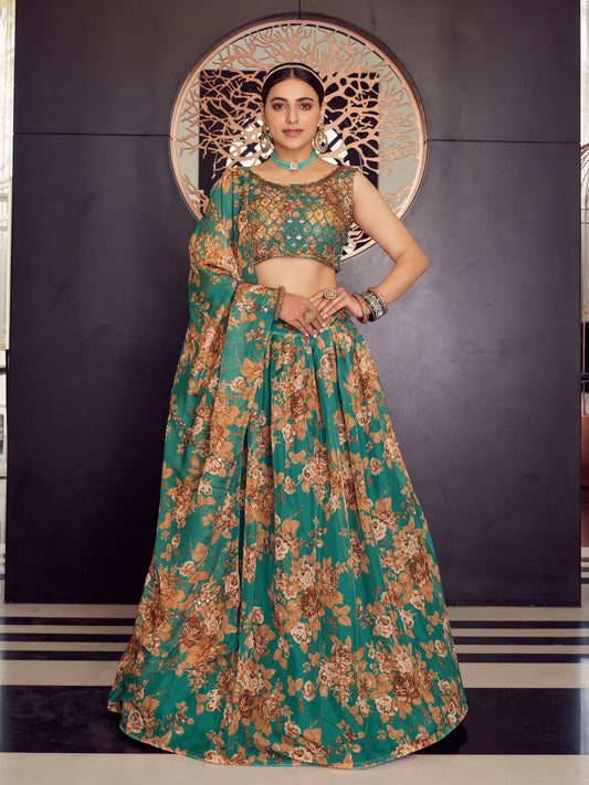 Odette Women Green Organza Semi Stitched Lehenga With Unstitched Blouse